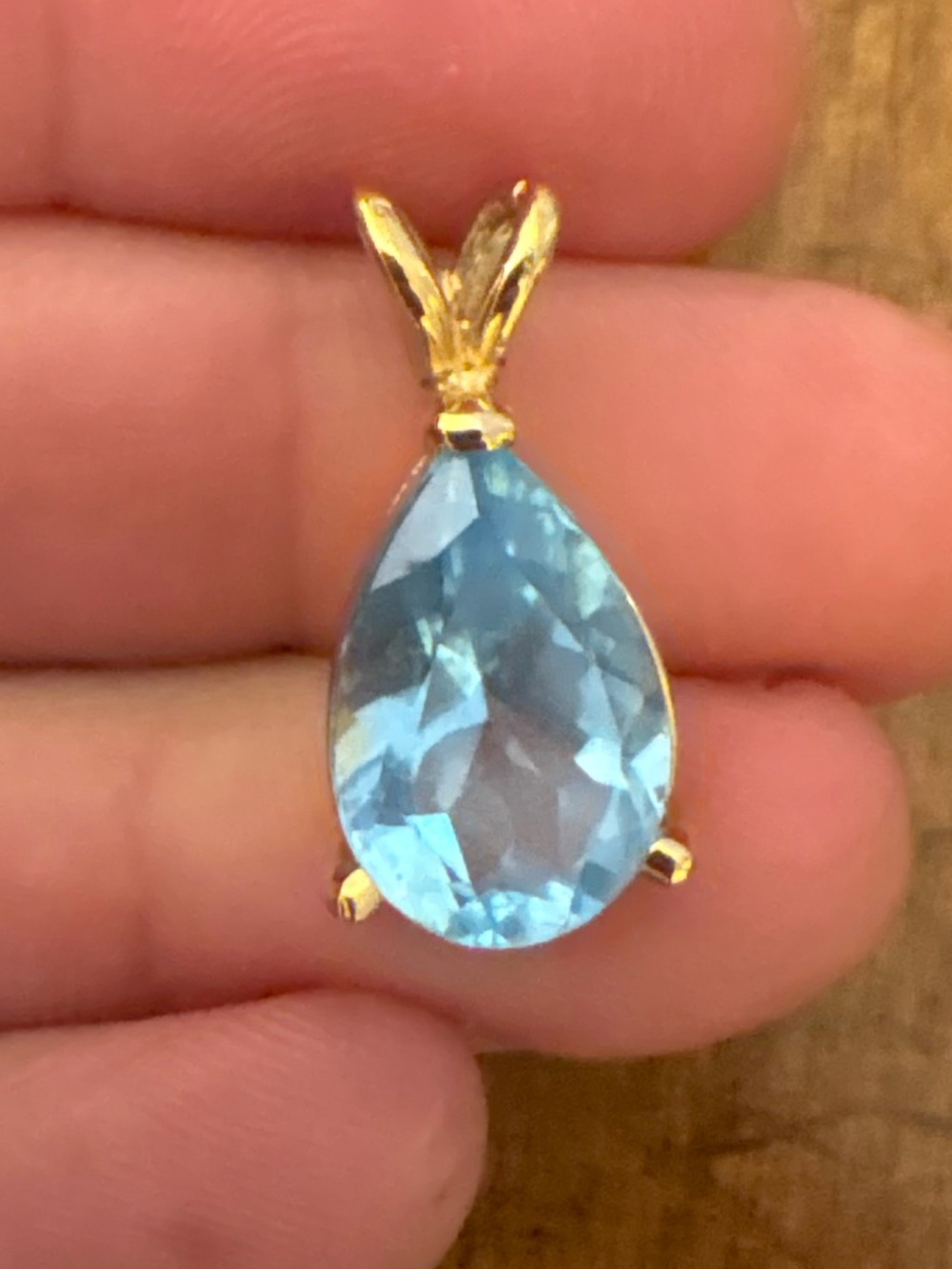 Gold Tone Blue Sapphire Teardrop Pendant Pear Cut Statement Necklace Charm - Picture 2 of 14